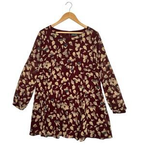 ASTR Dress Womens Medium Red Maroon Floral Sheer Chiffon Long Sleeve Swing Girly